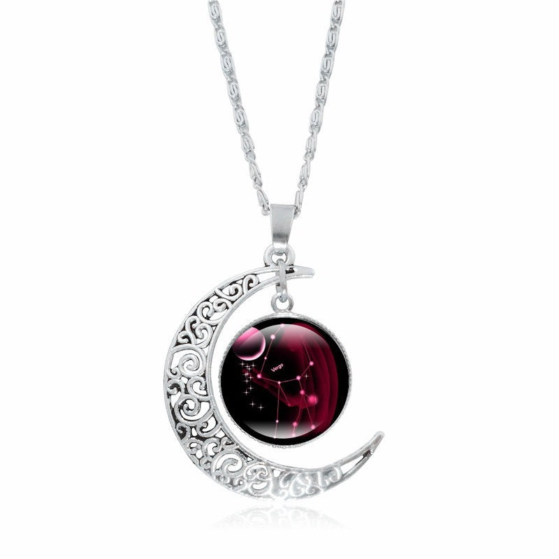 Luminous silver moon pendant necklace for women featuring Zodiac Time Gem choker design by eprolo, elegant and simple jewelry piece