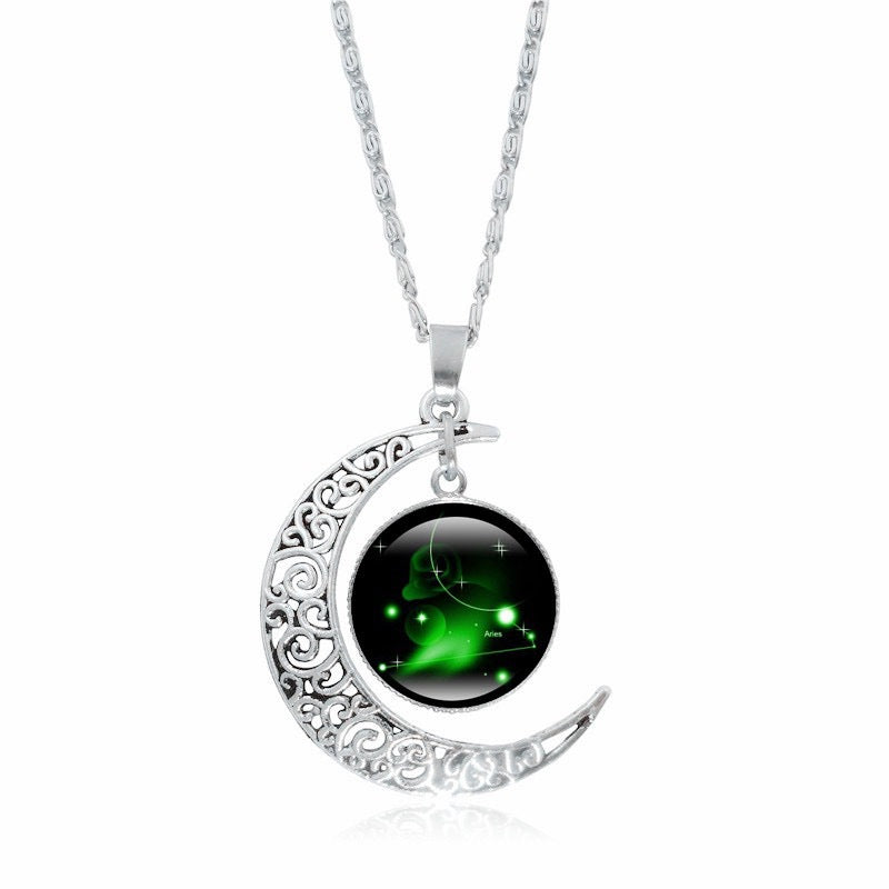 Luminous silver moon pendant necklace for women featuring zodiac-inspired time gem design, simple choker style by eprolo