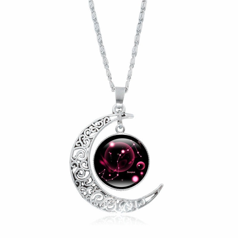 Silver zodiac time gem luminous necklace for women with a simple moon pendant, featuring a silver choker design.