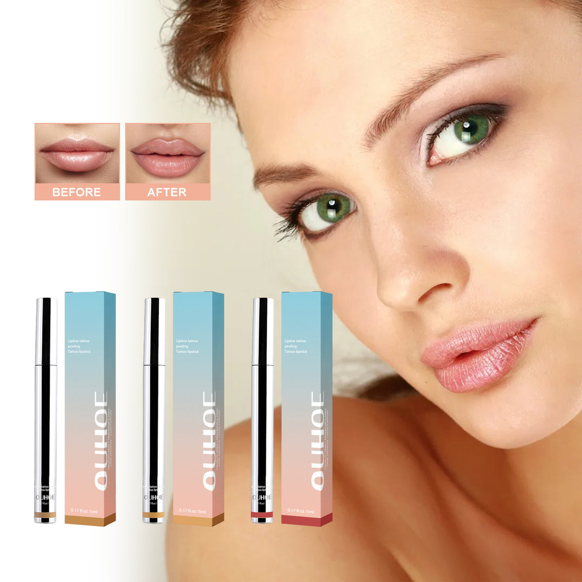 eprolo Peel Lip Liner showing smooth, plump lip lines and vibrant lip color, highlighting its peeling and defining features.