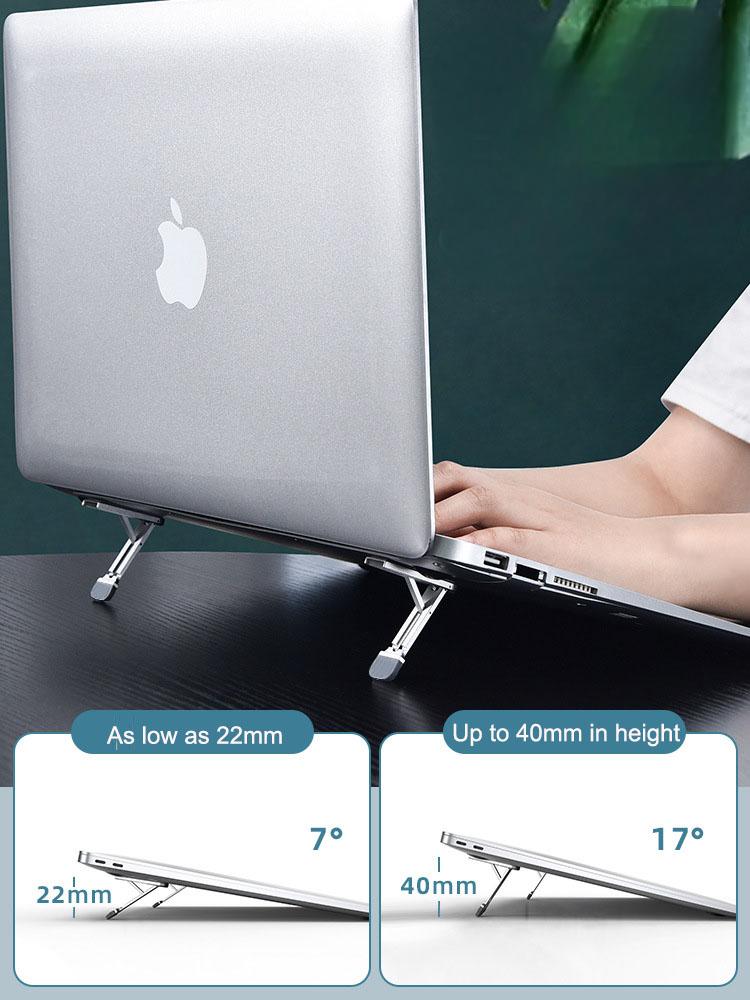 Eprolo laptop and tablet support with suspended, elevated, ultra-thin folding design and cooling bracket for improved airflow.