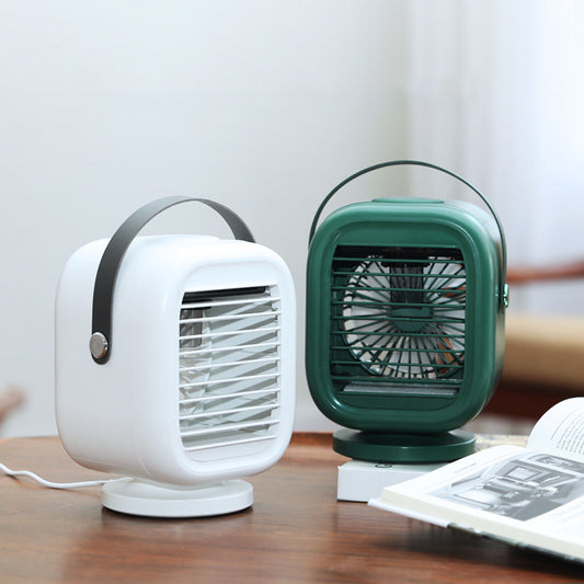 Eprolo water-cooled air-conditioning fan with mini refrigerator, humidification spray, and LED lamp on a desktop.