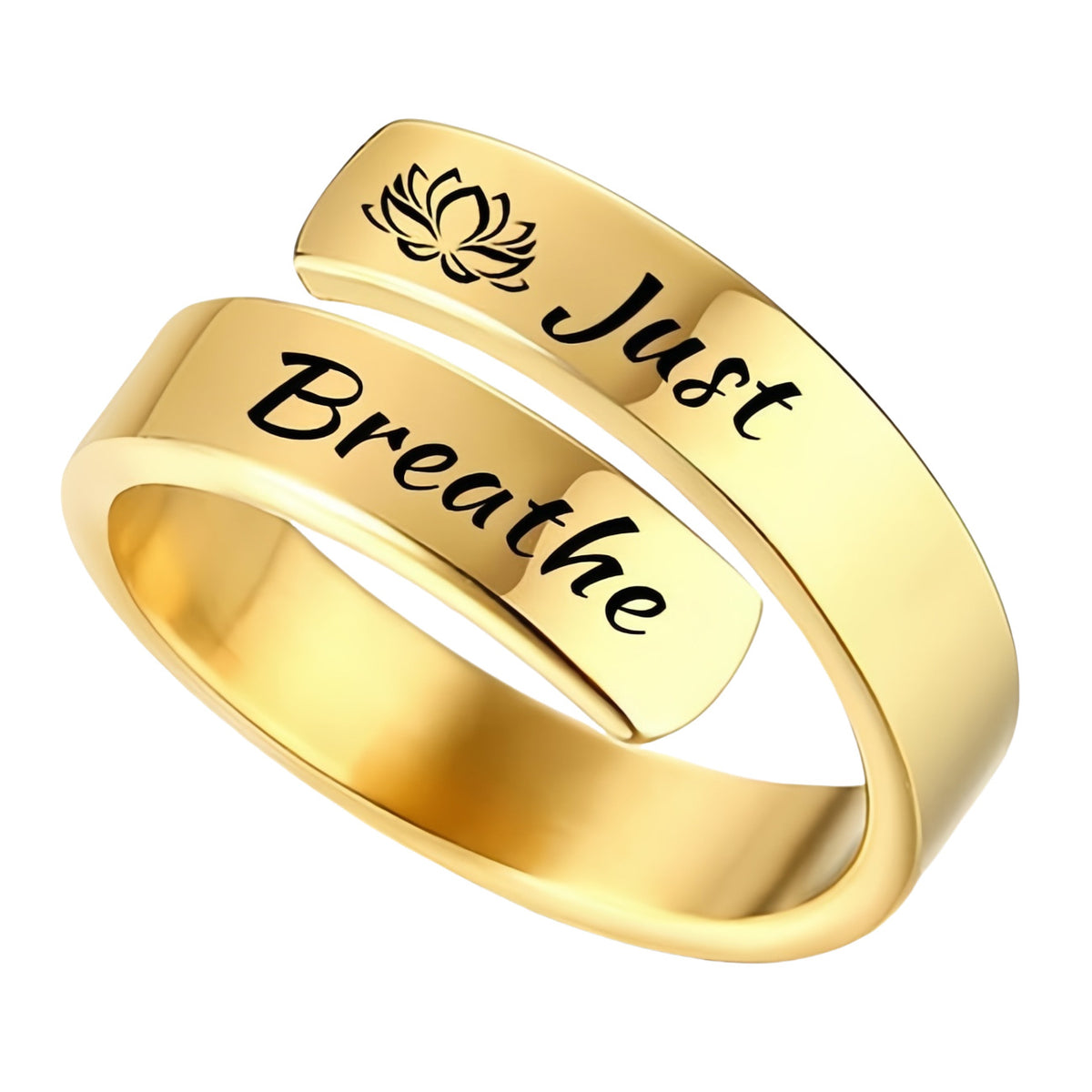 Titanium steel "Just Breathe" letter ring with lotus engraving, open mouth design, worn by women and men, eprolo jewelry.