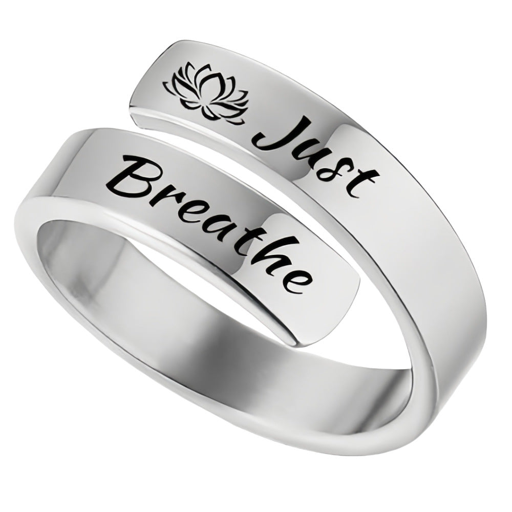 Titanium steel open mouth jewelry for women with engraved "Just Breathe" letter ring featuring a lotus design, suitable for men.