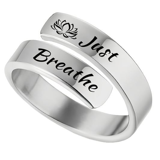 Titanium steel open mouth jewelry for women with engraved "Just Breathe" letter ring featuring a lotus design, suitable for men.