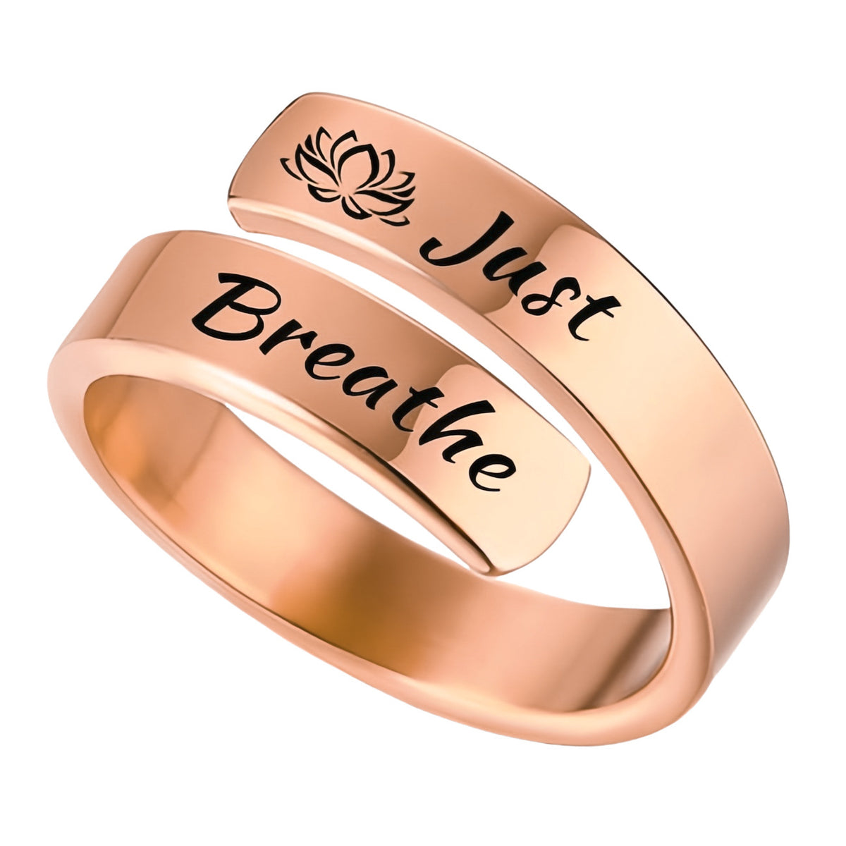 Titanium steel "Just Breathe" letter ring with engraved lotus design, open mouth jewelry for women and men by eprolo