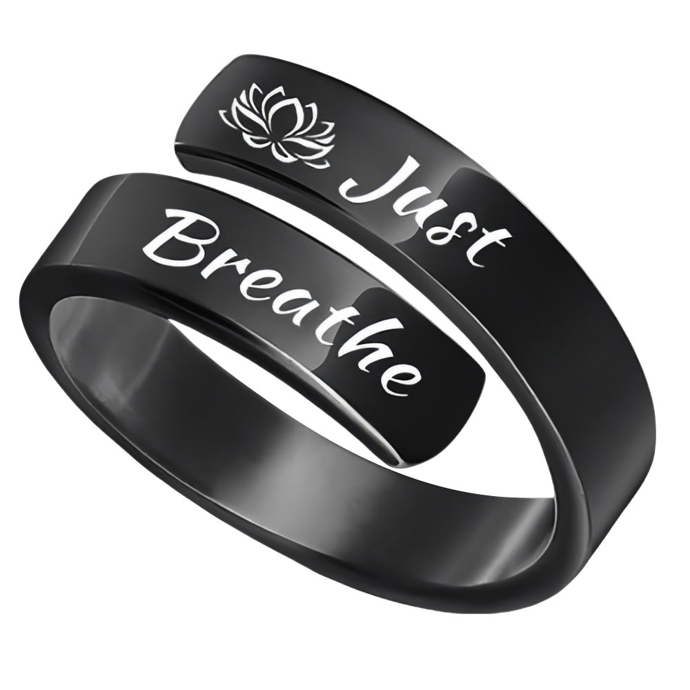 Open mouth jewelry for women and men, engraved lotus letter ring in titanium steel featuring "Just Breathe" design.