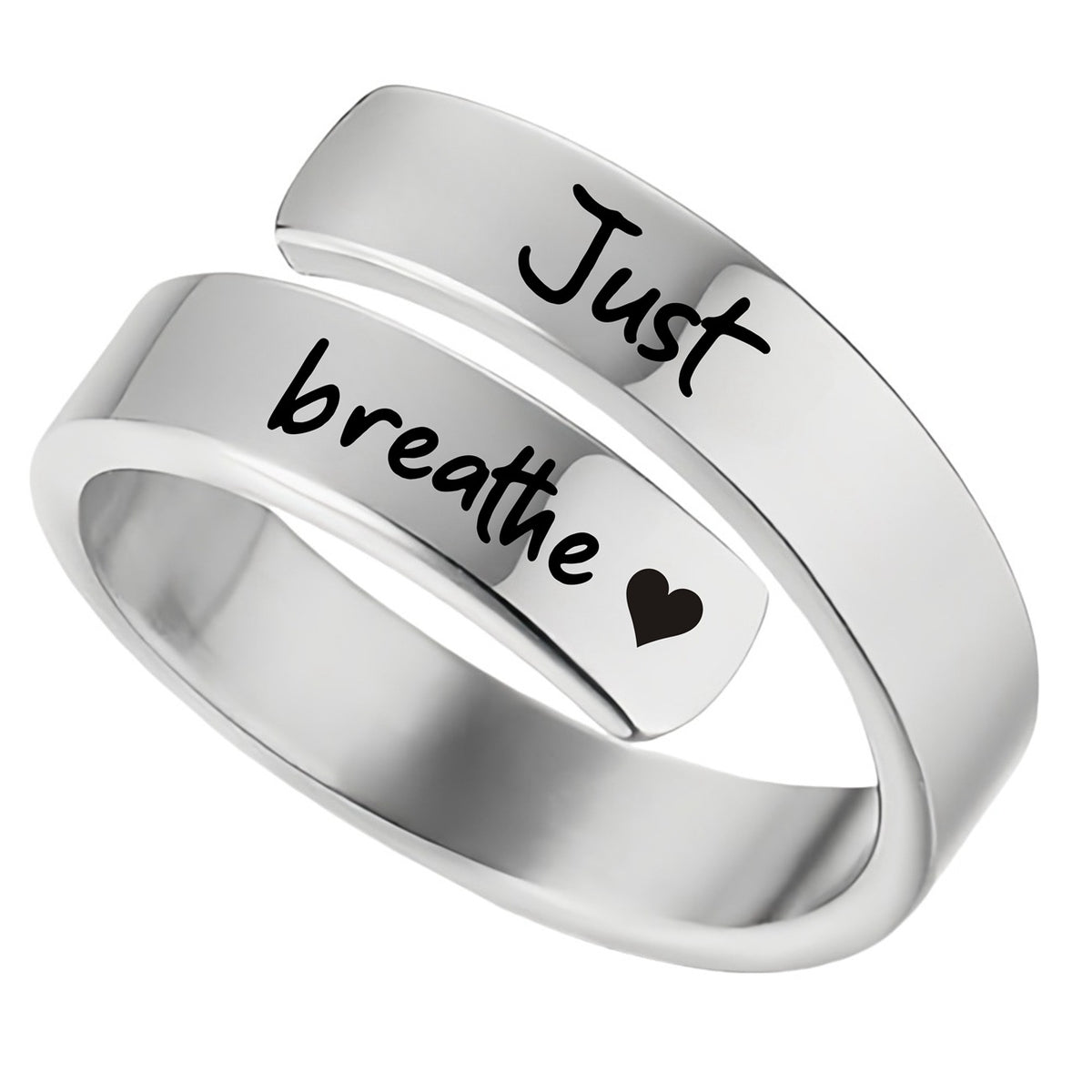 Titanium steel "Just Breathe" letter ring with engraved lotus design, open mouth jewelry for women and men, by eprolo.