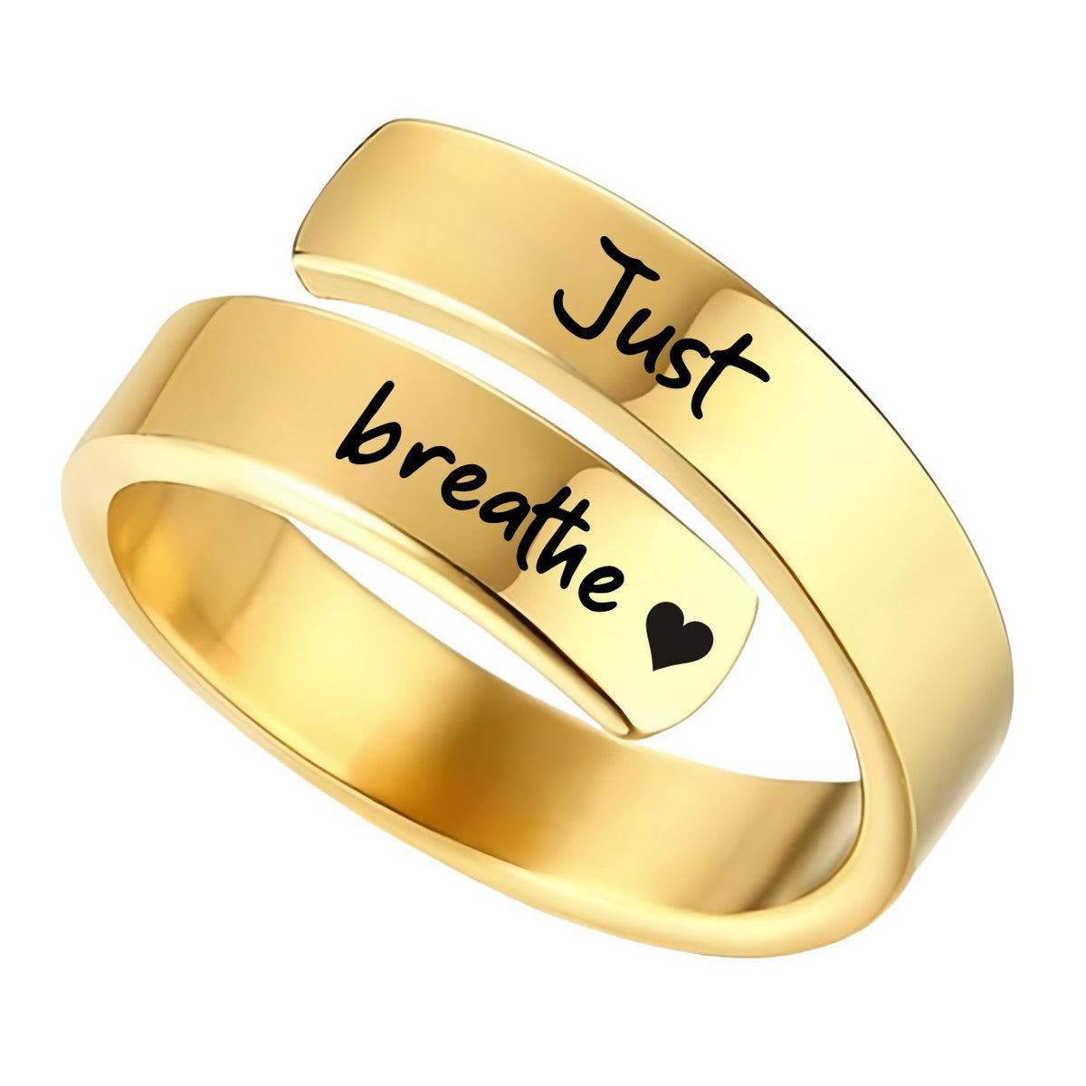 Open mouth jewelry for women and men, Just Breathe letter ring with engraved lotus design in titanium steel.