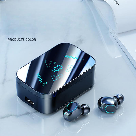 Eprolo M48 Bluetooth earphones with in-ear design, digital display screen, showcasing sleek black earbuds and charging case
