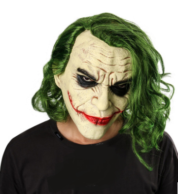Eprolo Joker cosplay latex mask with green hair wig, scary Halloween party costume prop featuring detailed facial design.