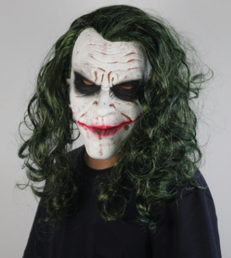 Eprolo Joker cosplay latex mask with green wig, scary Halloween costume prop, detailed face design for party or cosplay events.
