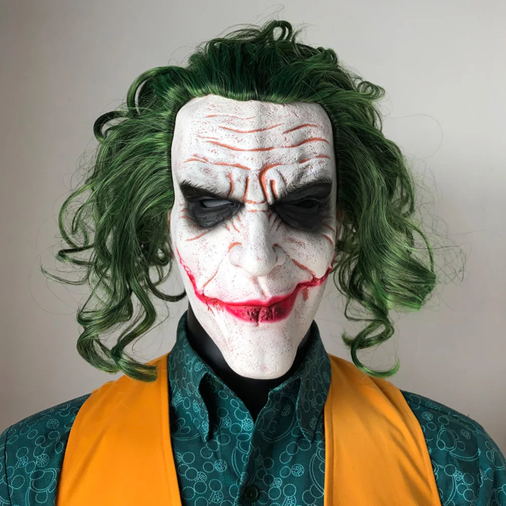 Eprolo Joker cosplay latex mask with green hair wig for Halloween, featuring a scary, detailed clown face for costume parties.