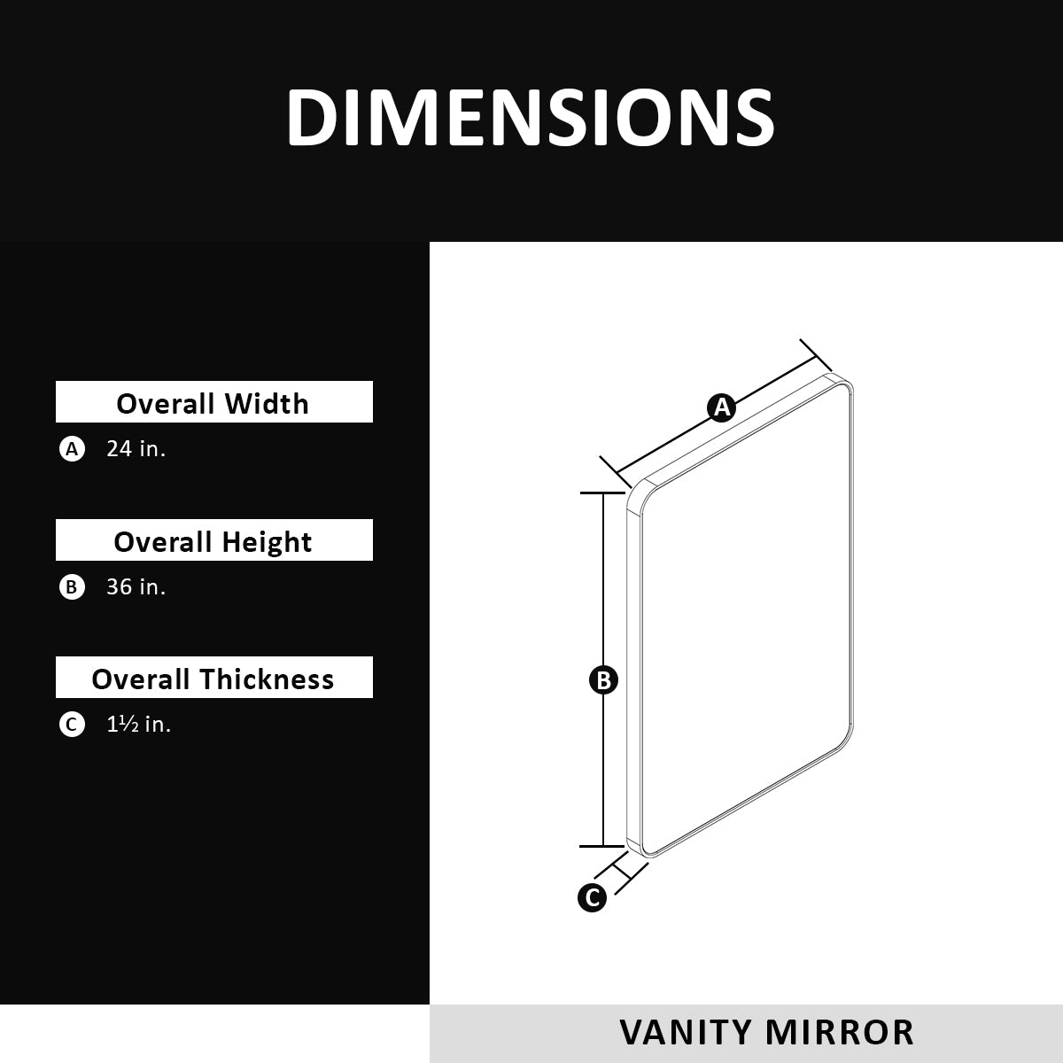 Eprolo 24x36 inch matte black aluminum frame bathroom wall mirror with round rectangular temper glass, rust-proof, modern design