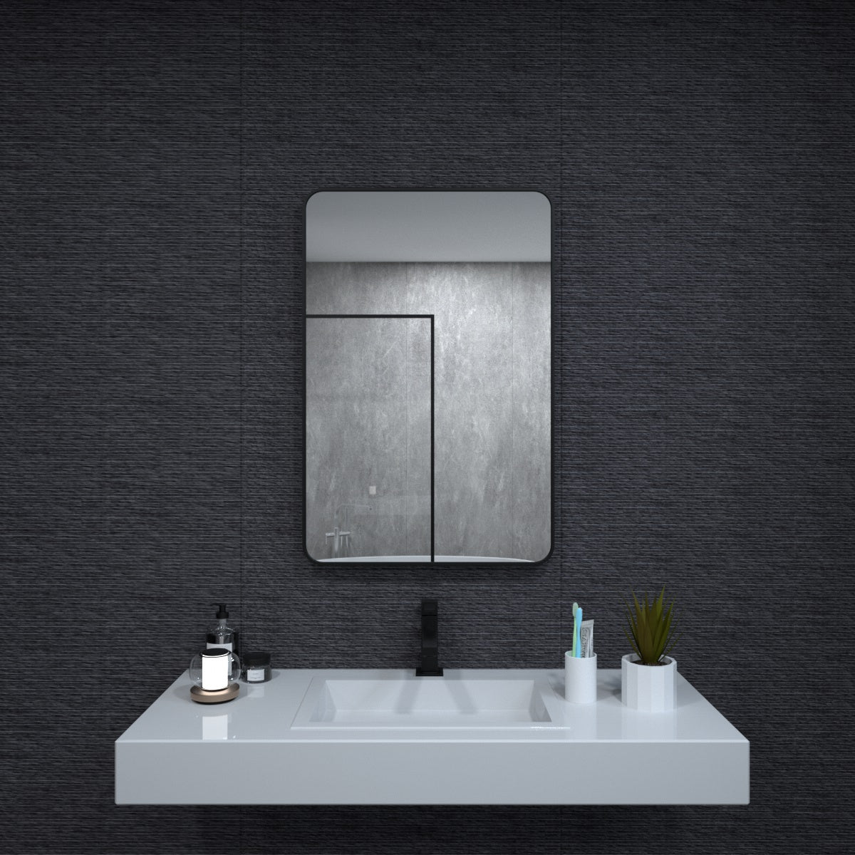 Eprolo 24x36 inch matte black aluminum bathroom wall mirror with round rectangular shape and tempered glass, rust-proof finish
