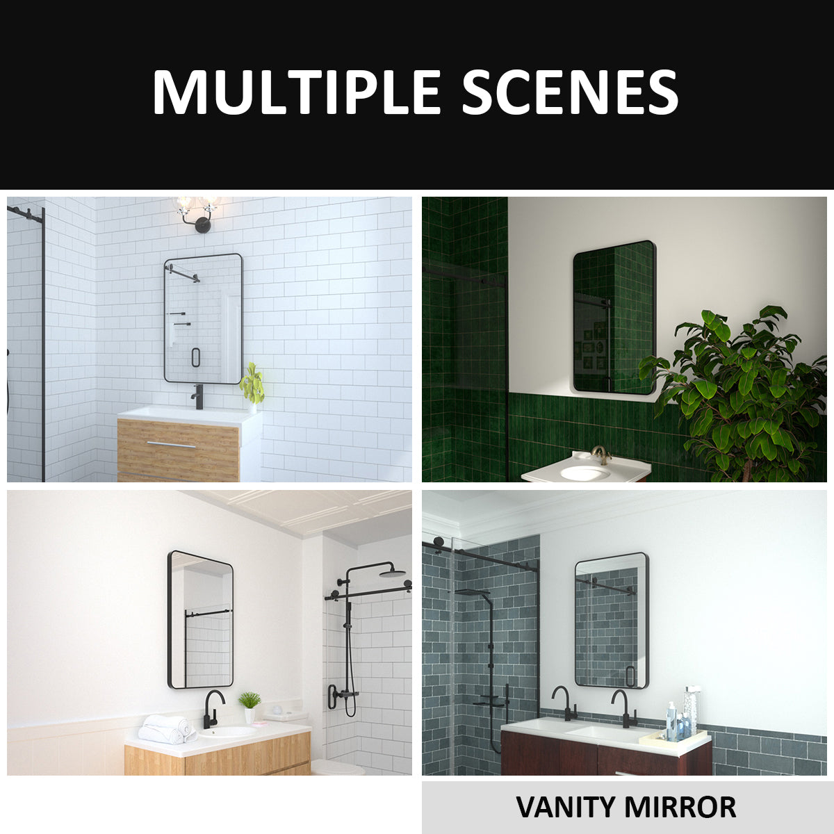 Eprolo 24x36 inch matte black aluminum framed bathroom wall mirror with round rectangular shape and tempered rust-proof glass