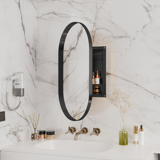 Eprolo 20x34 inch oval embedded medicine cabinet with mirror, matte black metal frame and adjustable shelf for bathroom storage