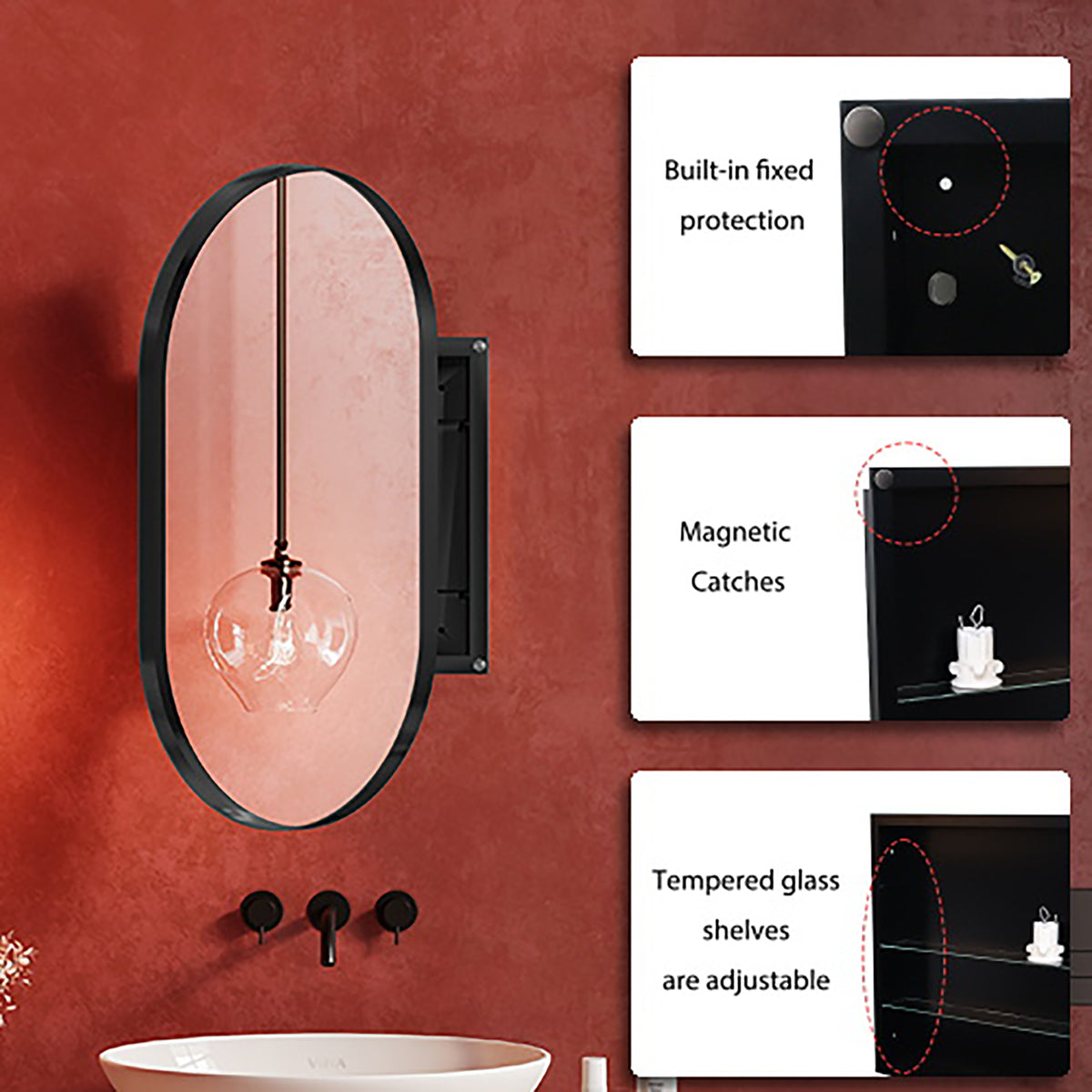 Eprolo 20x34 inch oval embedded medicine cabinet with mirror, metal frame, and adjustable shelf in matte black for bathroom storage.