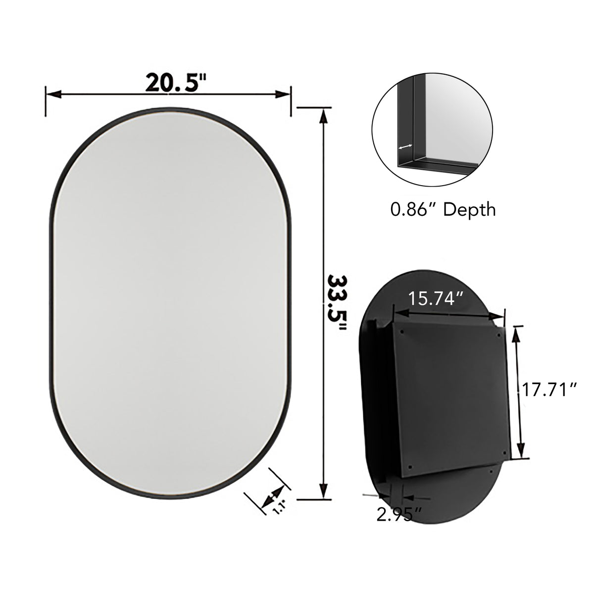 Eprolo 20x34 inch oval embedded medicine cabinet with mirror, matte black metal frame and adjustable shelf for bathroom storage
