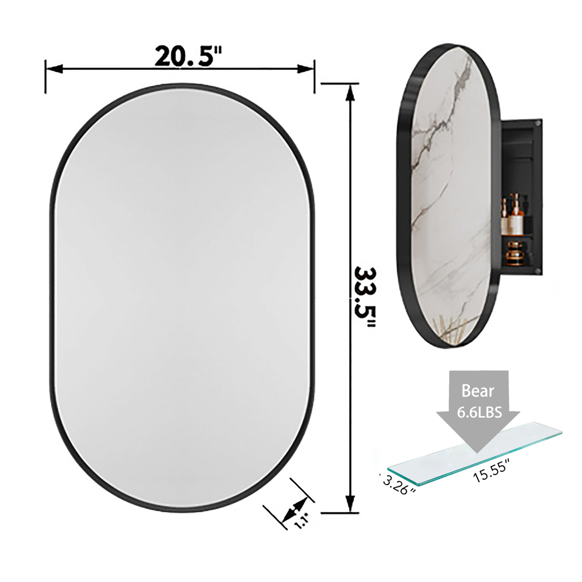 Eprolo 20x34 inch oval embedded metal bathroom medicine cabinet with mirror and adjustable shelf in matte black finish