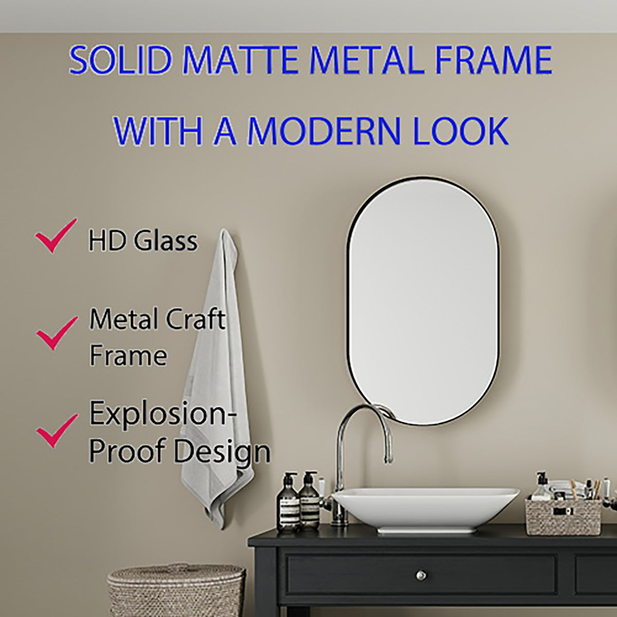 Eprolo 20x34 inch oval metal bathroom medicine cabinet with mirror, adjustable shelf, matte black finish.