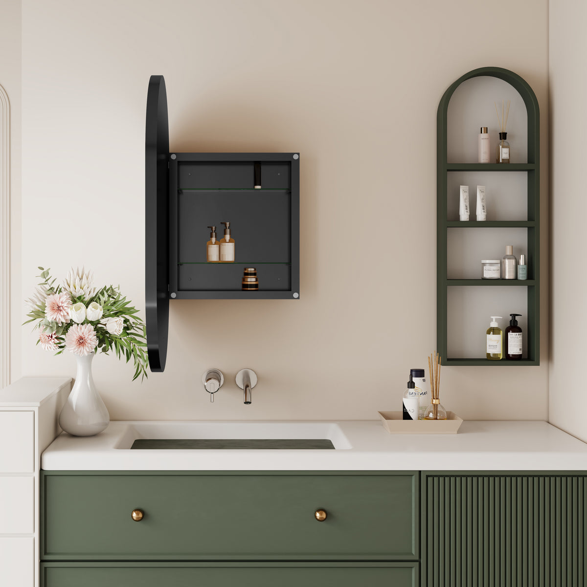 Eprolo 20x34 inch oval embedded metal bathroom medicine cabinet with mirror, matte black finish and adjustable shelf inside