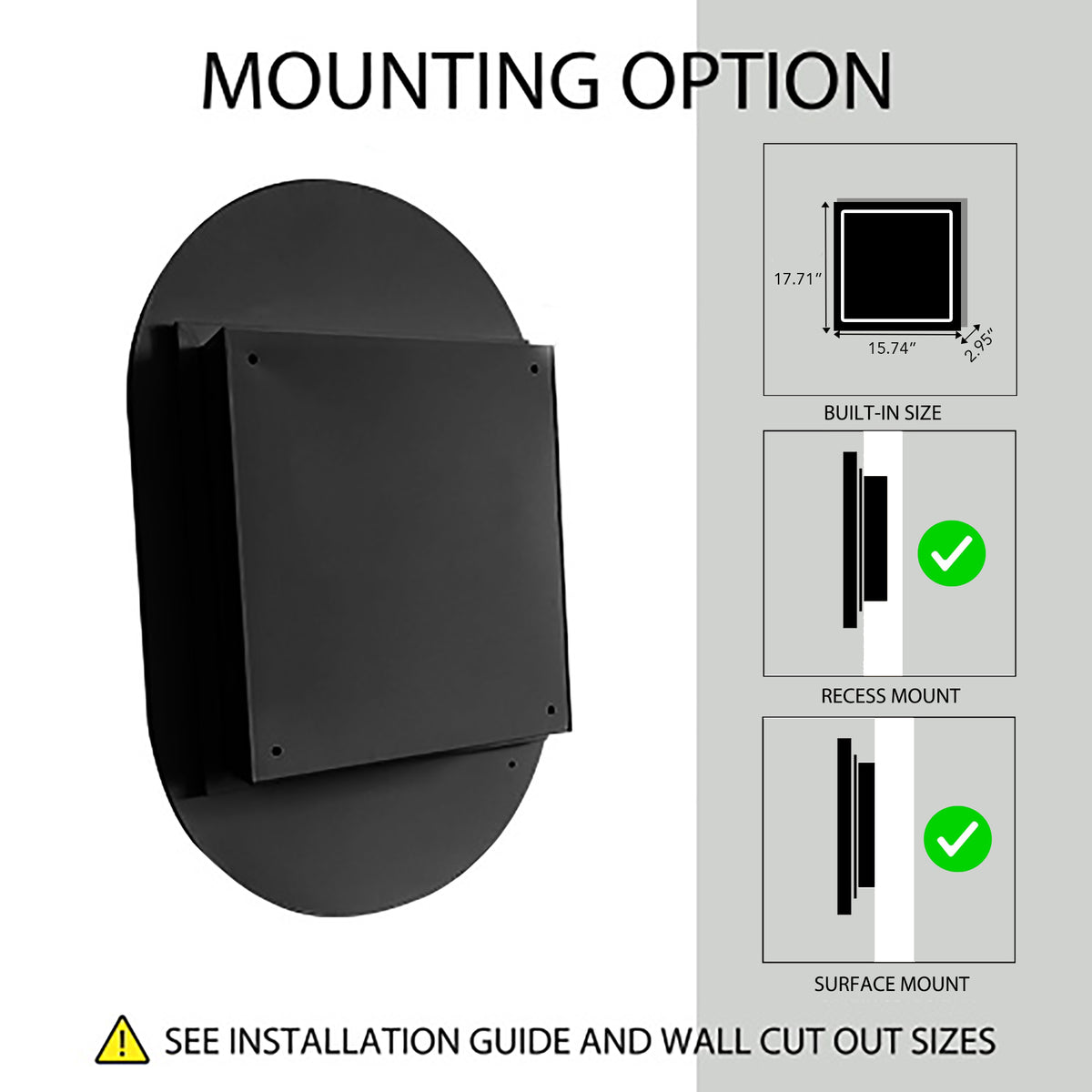 Oval embedded medicine cabinet with mirror, matte black metal frame, 20x34 inches, adjustable shelf for bathroom storage.