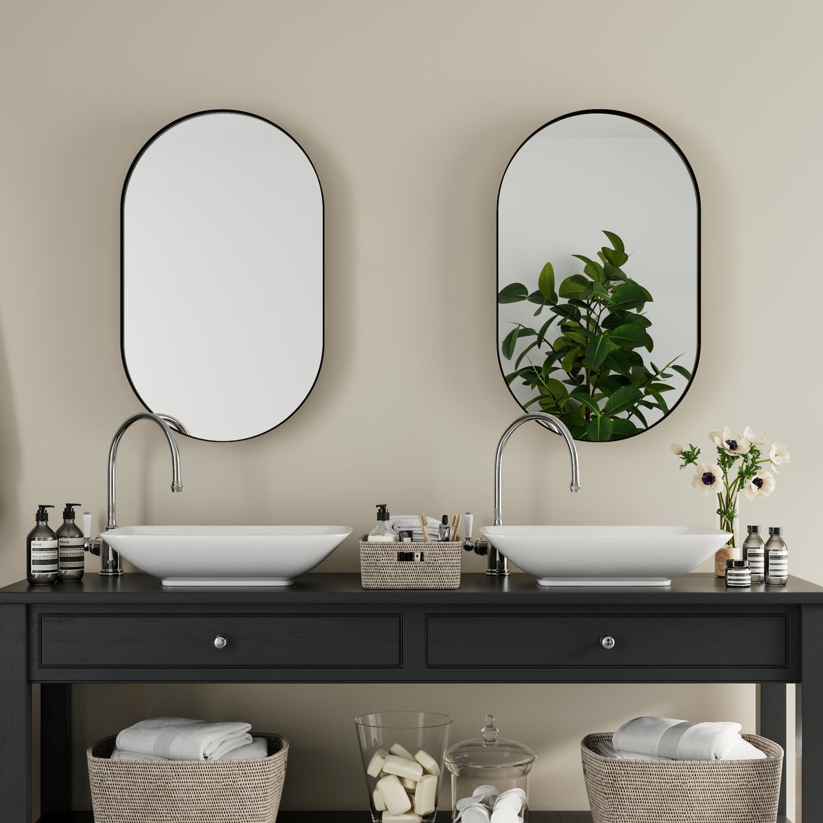 Oval 20x34 inch Eprolo metal bathroom medicine cabinet with mirror, adjustable shelf, matte black finish, embedded design