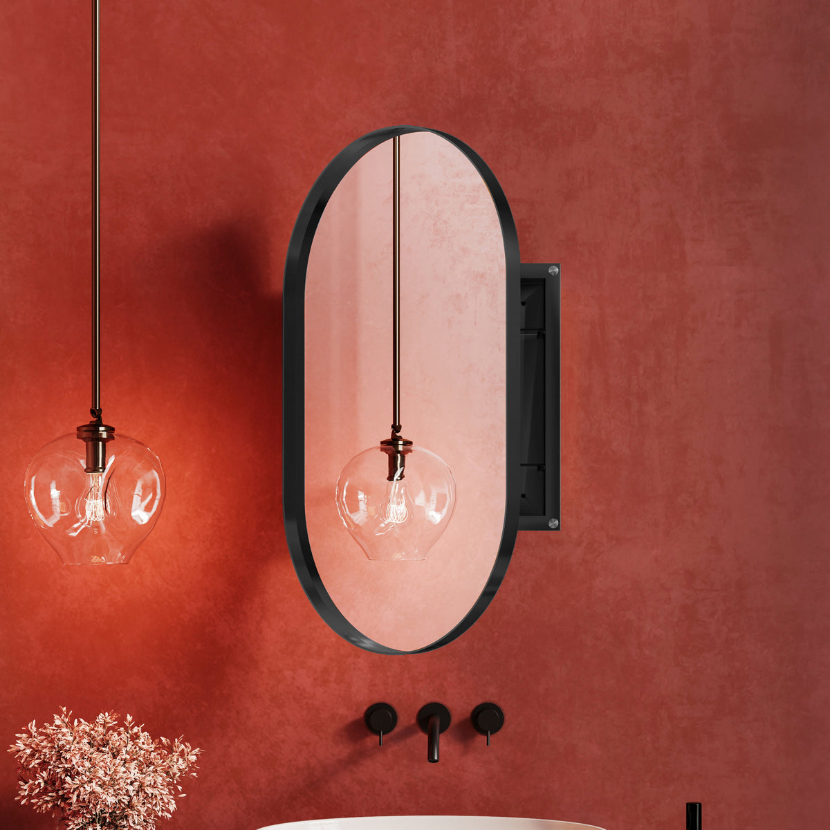 Eprolo 20x34 inch oval embedded medicine cabinet with matte black metal frame, mirror, and adjustable shelf for bathroom storage