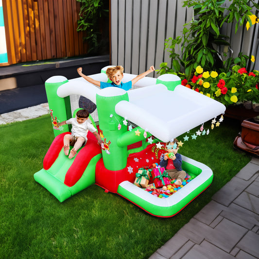 Eprolo Christmas Jump 'n Slide inflatable bounce house for kids, with colorful design, blower, and 80x91-inch play area, 55-inch tall