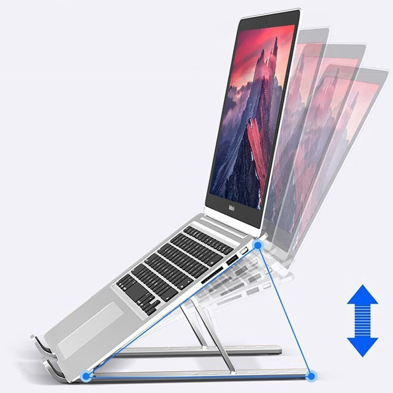 Foldable portable notebook stand with aluminum alloy base, cooling pad, and high bracket for stable desktop computer support.