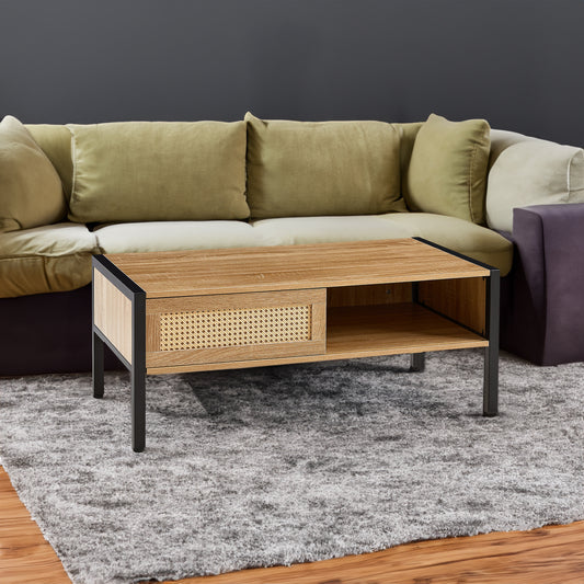 Modern 40.16-inch rattan coffee table by eprolo with sliding storage door, metal legs, ideal for living room decor.