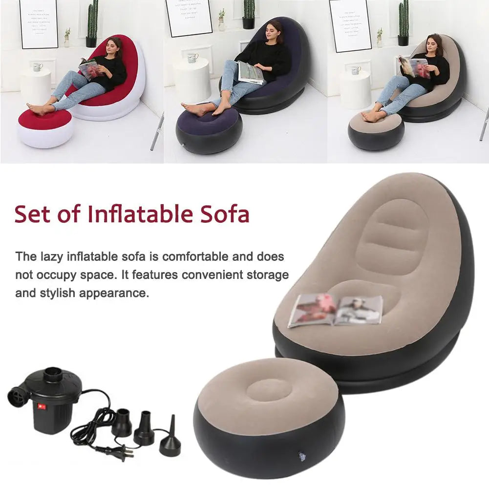 Eprolo inflatable air mattress lazy sofa deck chair with comfortable leg stool and beanbag design for home or outdoor relaxation.