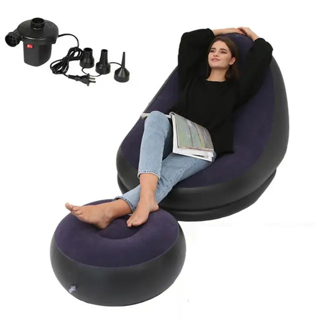 Eprolo inflatable air sofa and deck chair with comfortable leg rest and beanbag design, suitable for home or outdoor relaxation.