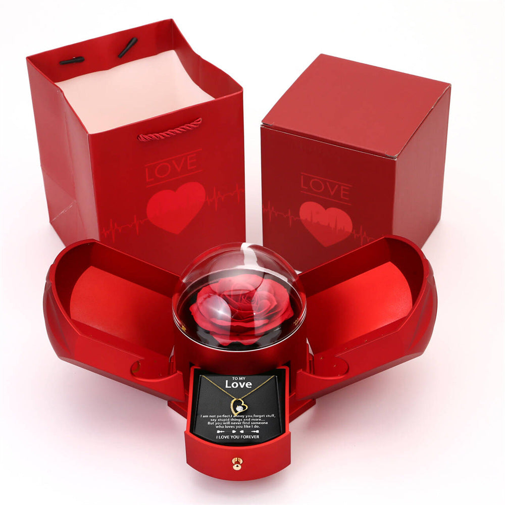 Eprolo double open rose jewelry box with angel wings, drawer style Chinese Valentine’s Day necklace gift box, elegant floral design