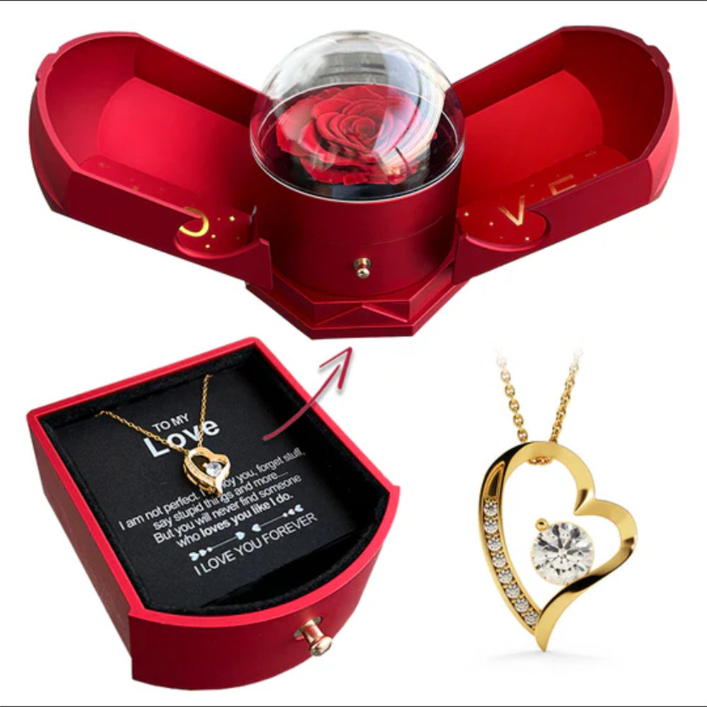 Double open rose jewelry gift box with angel wings, drawer-style design, perfect for Chinese Valentine's Day necklace presentation.