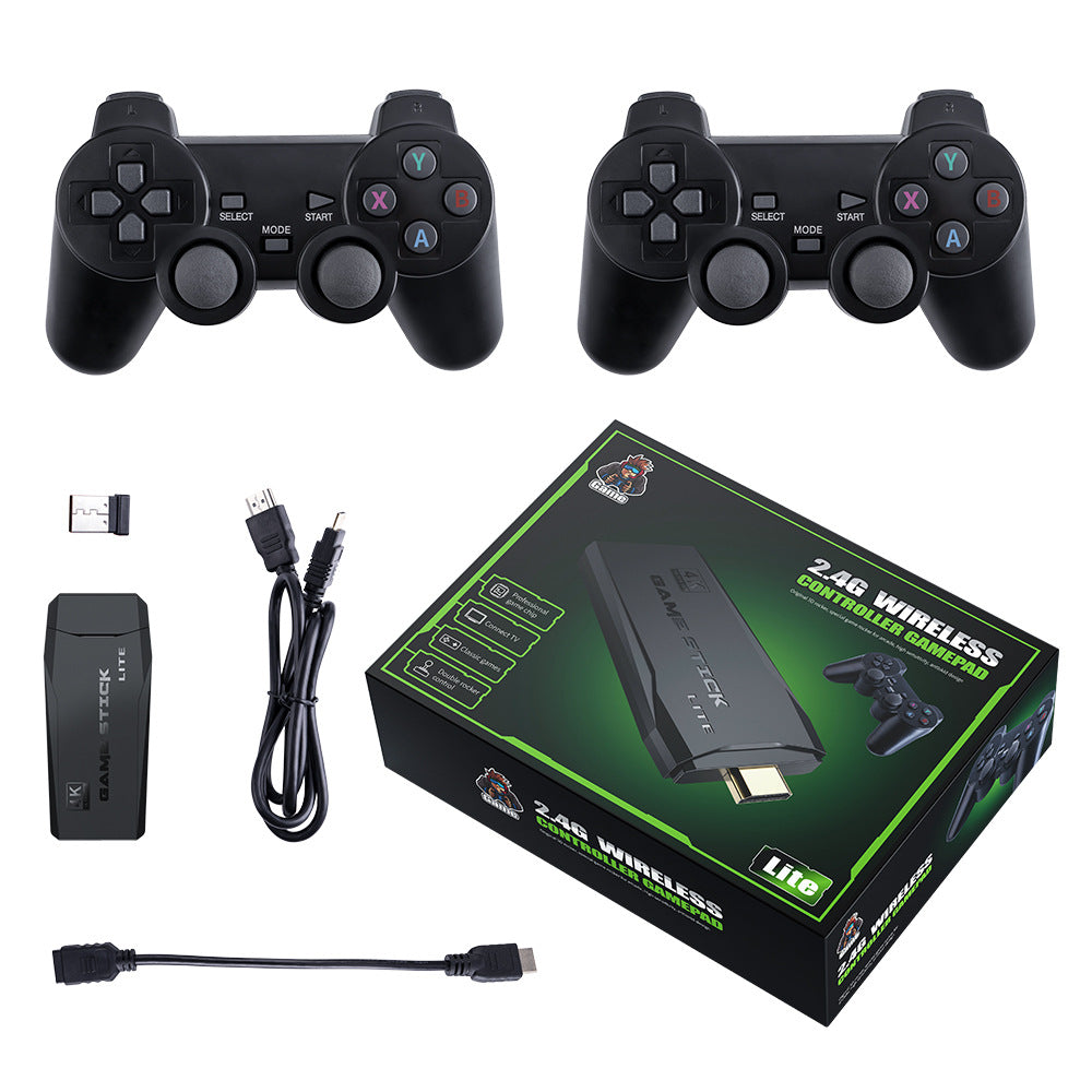 eprolo TV game console M8 with double handles, HDMI connection, 10000 emulators, and 2.4G wireless controllers.