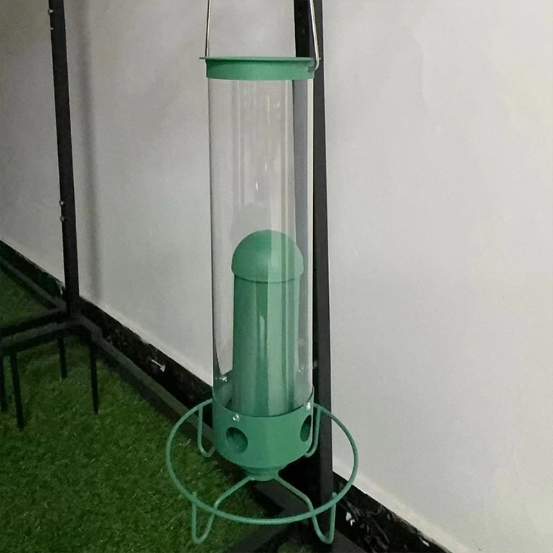 Eprolo squirrel-proof spinning bird feeder with hanging weight-activated seed dispenser and metal construction for outdoor use.