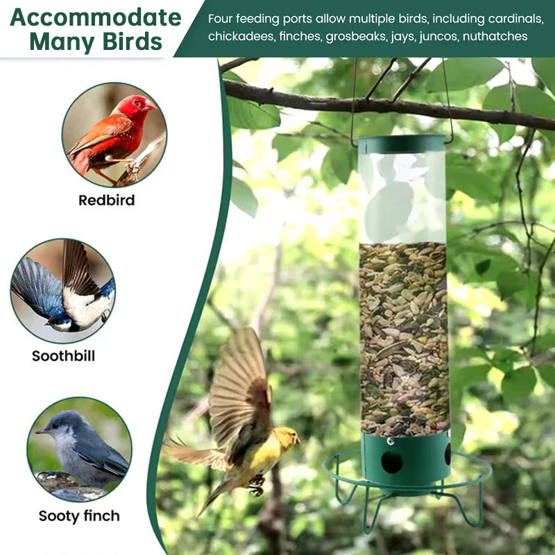 Eprolo squirrel-proof spinning bird feeder with hanging weight-activated seed dispenser, designed to prevent squirrel access.