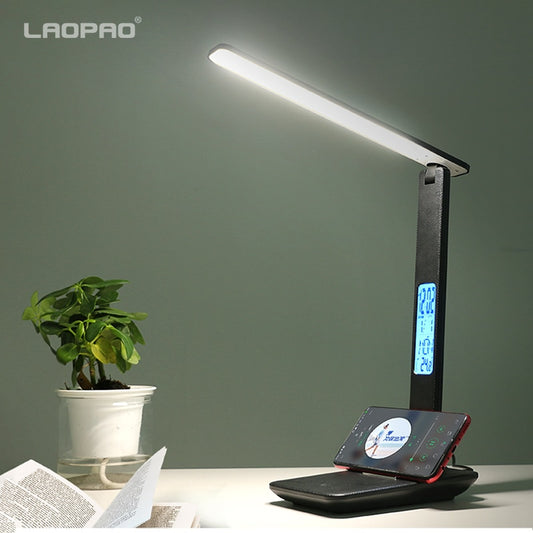 Modern eprolo LED office desk lamp with touch controls, foldable design, calendar, temperature display, and alarm clock for reading.
