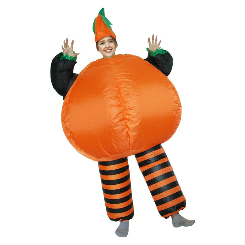 Anime cosplay inflatable pumpkin Halloween costume for women, featuring a fun and humorous pumpkin dress outfit with bright orange color.
