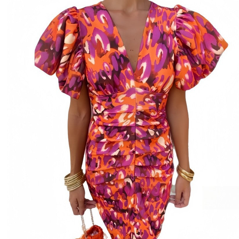 Printed casual V-neck fitted bodycon dress with slim waist and bubble sleeves by eprolo, shown in the image.