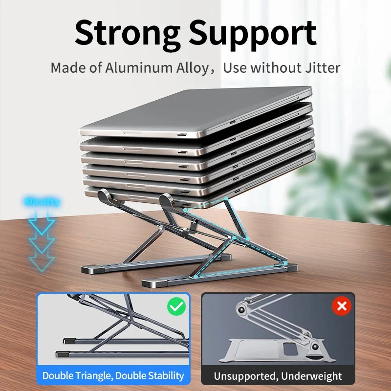 Adjustable aluminum laptop stand by eprolo supporting MacBook and notebooks, foldable, portable cooling pad and desktop holder.