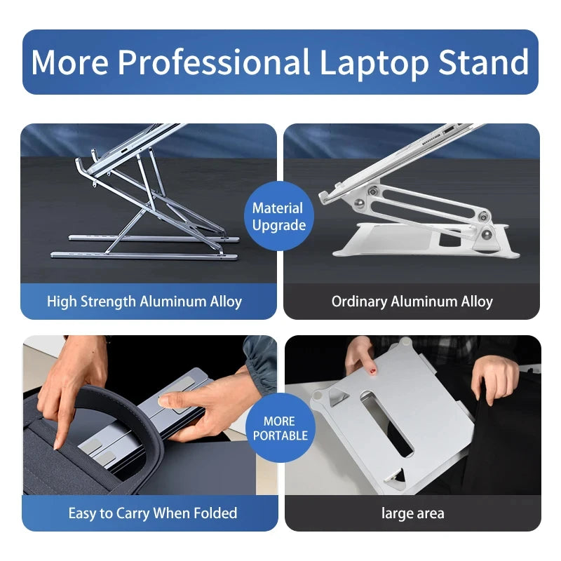 Adjustable eprolo N8 aluminum laptop stand with cooling pad and foldable design supporting MacBook and notebooks.