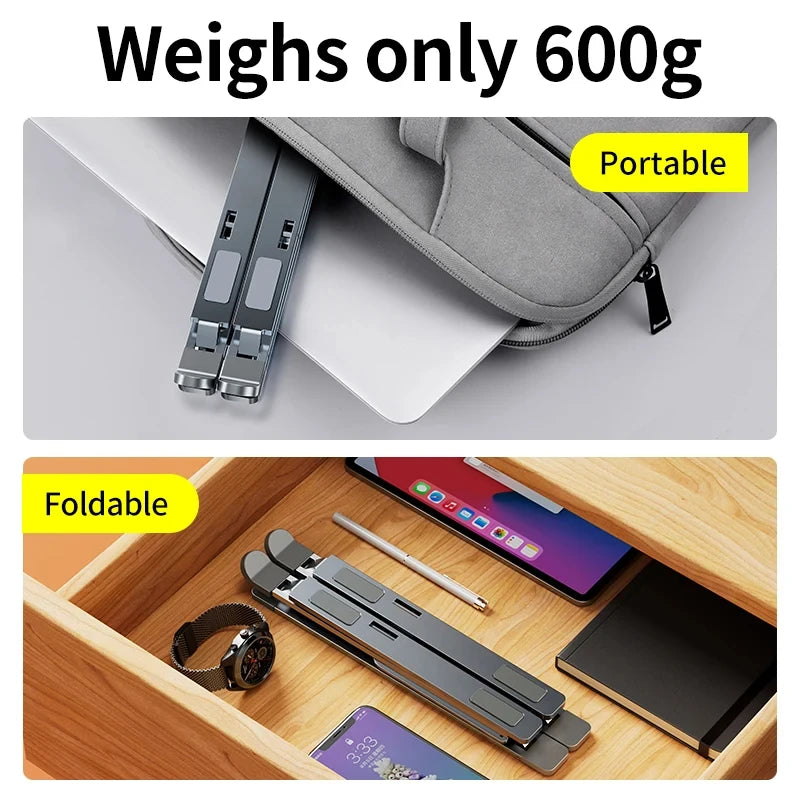Eprolo N8 adjustable aluminum laptop stand supporting MacBook and notebooks with foldable portable design and cooling pad features.