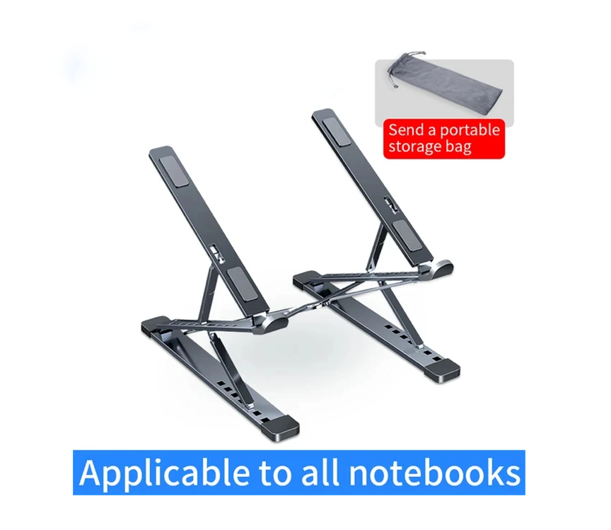 Adjustable aluminum laptop stand by eprolo supporting MacBook and notebooks, foldable, portable cooling pad and desktop holder.