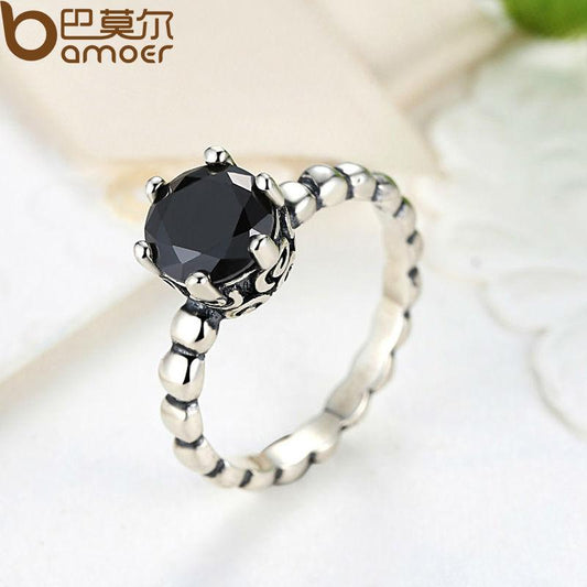 BAMOER Finger Ring with Black Cubic Zirconia Wedding Jewelry PA7205 - American Smart