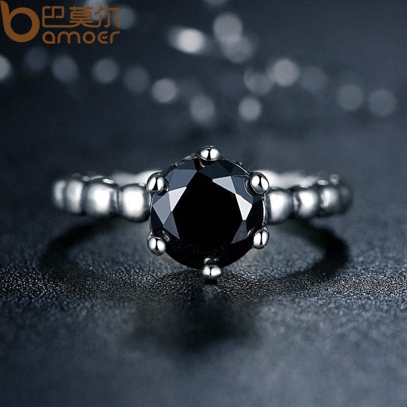 BAMOER Finger Ring with Black Cubic Zirconia Wedding Jewelry PA7205 - American Smart