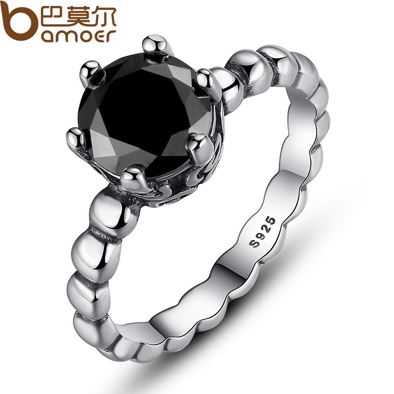 BAMOER Finger Ring with Black Cubic Zirconia Wedding Jewelry PA7205 - American Smart