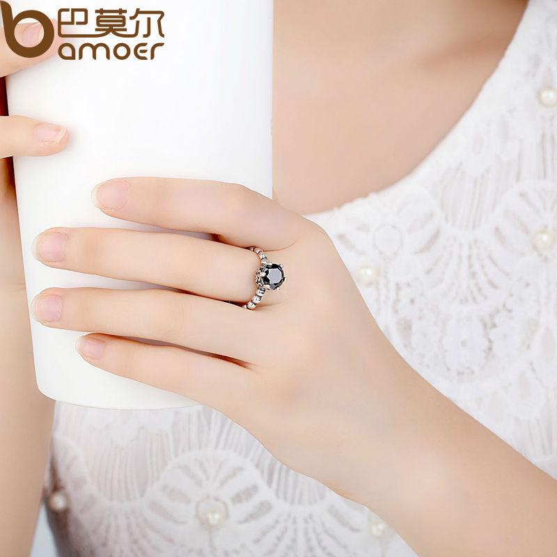 BAMOER Finger Ring with Black Cubic Zirconia Wedding Jewelry PA7205 - American Smart